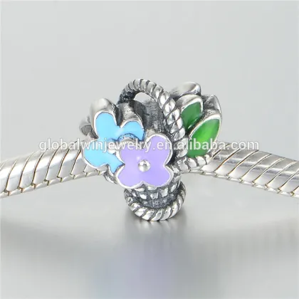Elegant Flower Basket Sterling Silver Charm Enamel Bracelet Charm
