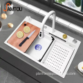 Samtou Nano White Step Kitchen Sink with 304 Stainless Steel Handmade Above Mount Waterfall Faucet - Farmhouse Style