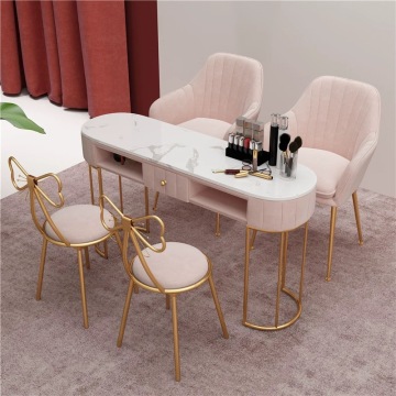 Hot Sale Pink Nail Table Desk Set with Gold Base and Chair