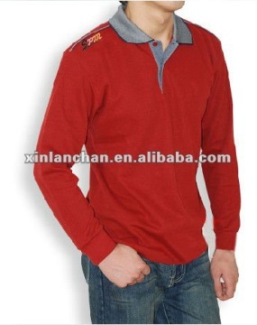 Long sleeve cotton polo t-shirt,contrast color collar