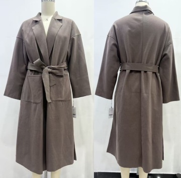 Beige Long Women's Coat with Belt and Pockets