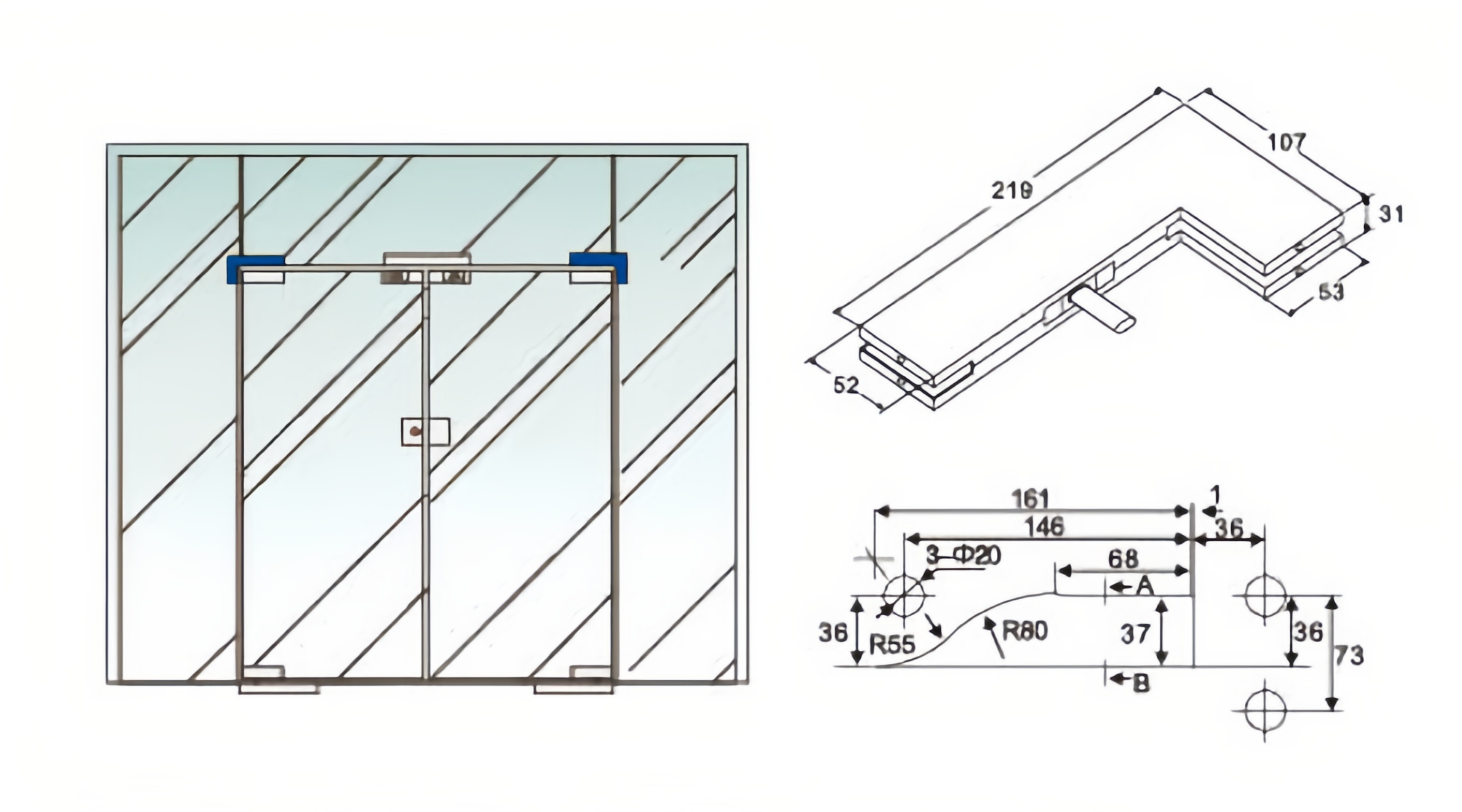 Glass cutout and dimension drawing for AQJ005 L-patch fitting