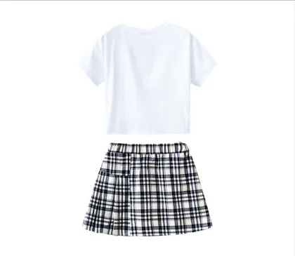 2021 New White Short Sleeve Top Plaid Strap Skirt Children Clothes Kids Dresses Girls Clothing Sets