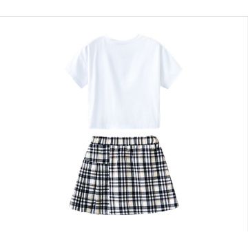 2021 New White Short Sleeve Top Plaid Strap Skirt Children Clothes Kids Dresses Girls Clothing Sets