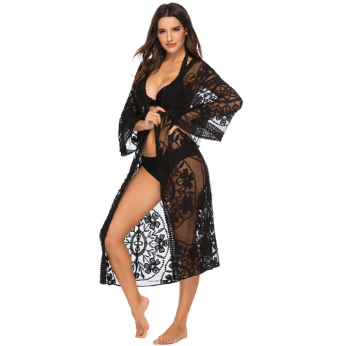 Elegant Beach Bikini Cover Up Women's Lace Cardigan Floral Long Open Kimono Supplier