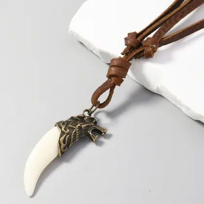 HLC Wholesale Animal Wolf Tooth Pendant Necklace with Leather for Men