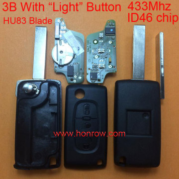 Hot sale products-- Original Citroen FSK 3 button flip remote key with HU83 407 blade (With Light button) 433Mhz ID46 Chip (Bef