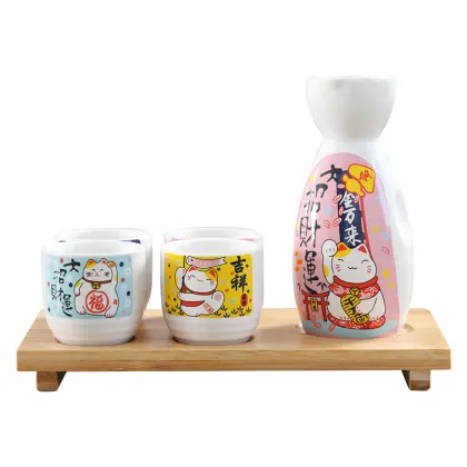 Japanese Ceramic Sake Set with Bamboo Tray