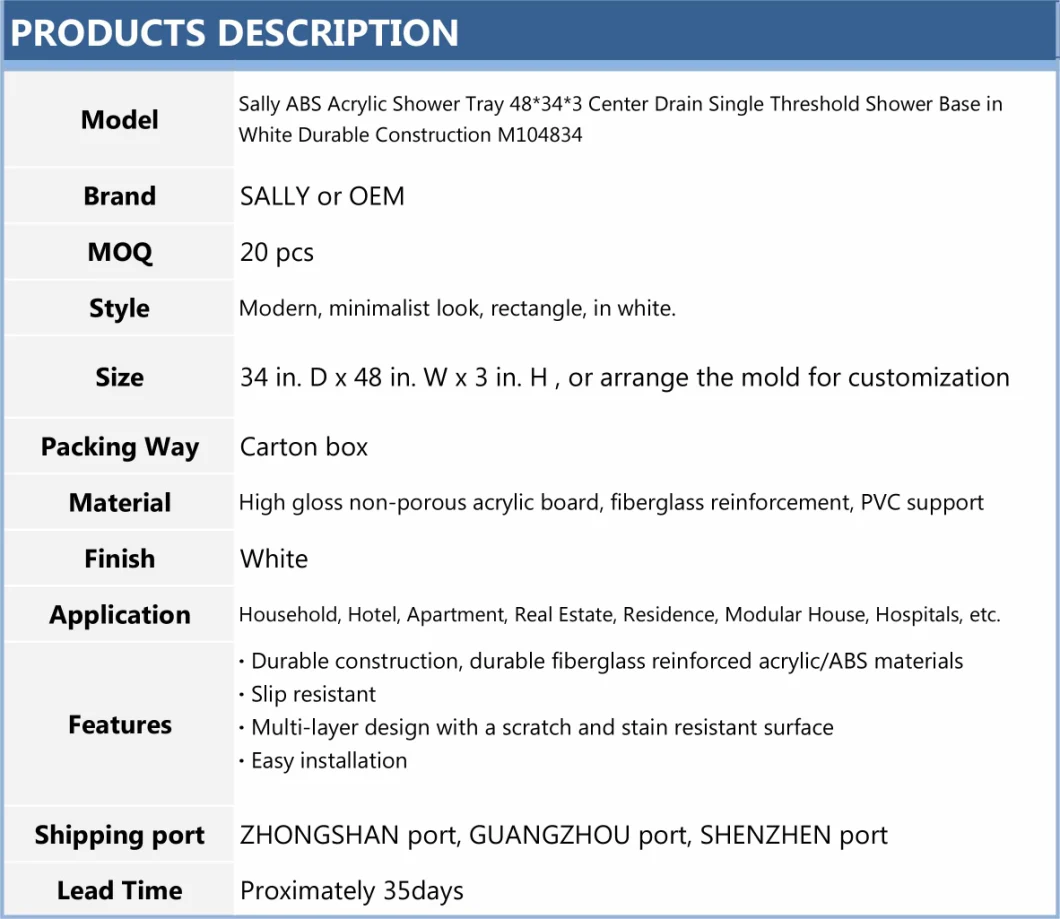 Sally ABS Bandeja de ducha acrílica 48*34*3 Base de ducha de umbral de drenaje central en construcción blanca duradera