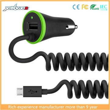 Mobile Phone Usb Charger , UltraFast 3.4 A USB Car Charger with USB Pass Through with Coiled Micro USB Cable