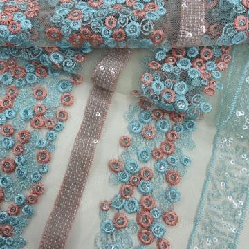 Strip Line / Circle Pattern Sequins Embroidery Fabric