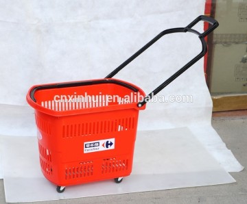 Plastic shopping basket with wheels,Supermarket plastic laundry basket,rolling shopping basket with castor