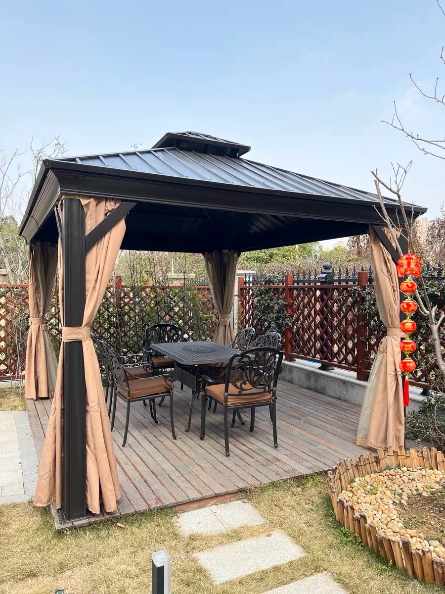 Metal Hardtop Patio Gazebo With Curtain And Netting