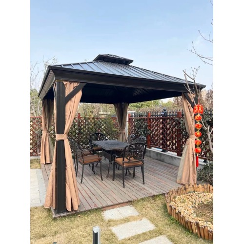 Metal Hardtop Patio Gazebo With Curtain And Netting