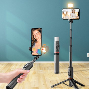 Bluetooth Selfie Stick Tripod 360 rotasyonlu ve mobil vloglar için doldurma ışığı