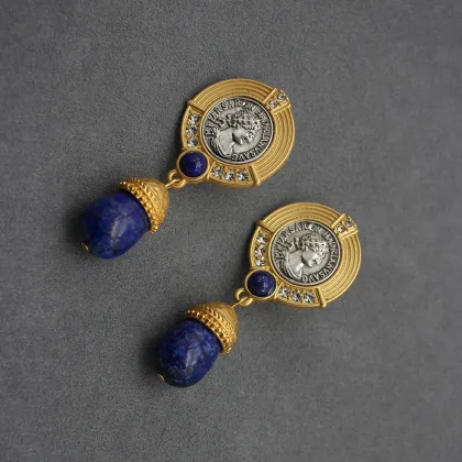 Vintage Jewelry Natural Lapis Lazuli Ancient Coin Earrings