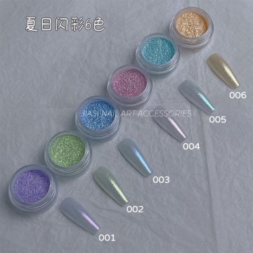 Rainbow UV Gel Nail Art Manicure with Aurora Powder and Glitter Pigments