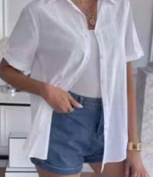 Women's linen button-down shirt with rolled-up short sleeves