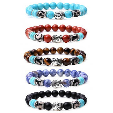 Gemstone 8MM Round Beads Silver Buddha Head Stretch Bracelet Natural Stone Crystal Healing Beads Stretch Bracelet for Men Women
