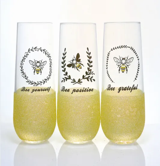 stemless champagne flutes glitter glass with bee design