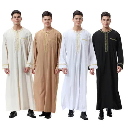 Maxi Muslim Male Embroidered Long Sleeve Kaftan Abaya Islamic Muslim Arabian Men Clothing Thobe Thawb