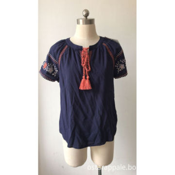 Short Sleeve Embroidery Shirt for Ladies