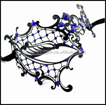 Luxury Venetian Art Gloss Black Metal Laser Cut Phantom Masks With Royal Crystals MF002-BLBK