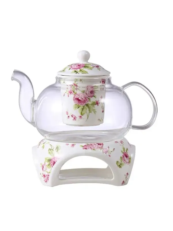 Glass Tea Maker Teapot Set with Ceramic Warmer Filter and Lid