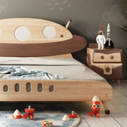 Wooden Spaceship Lighted Headboard Kids Furniture Bed for Children