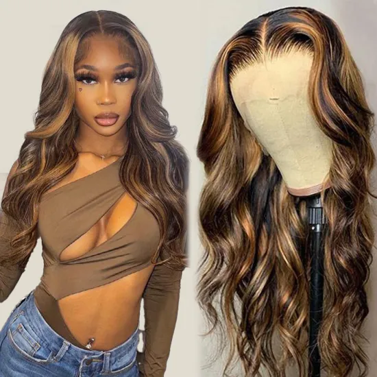 Brazilian Virgin Cuticle Aligned Hair Body Wave Per-Plucked Ombre Highlight 180% Transparent HD Lace Closure 13x6  Lace Wigs