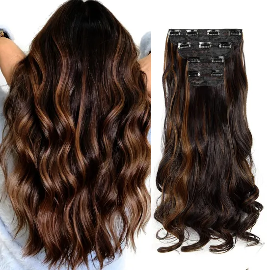 wholesale Synthetic Clip in Hair Extensions highlights Ombre Brown Wavy Hair Extensions 2P 4P 5P Thick Hair Extensions Clip