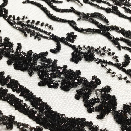 Tissu de broderie de dentelle noire de paillettes