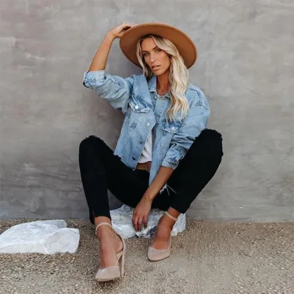 Women's Custom Logo Washed Raw Edge Denim Jacket