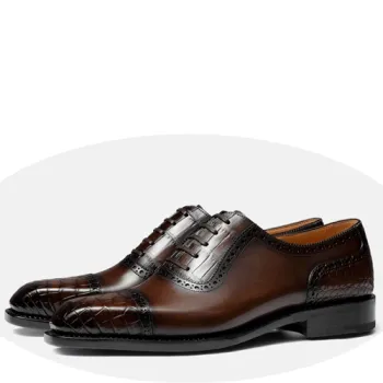 Three-Joint Men's Leather Shoes Business Leather High-End Men's Shoes British Style Brown Brogue Oxford Shoes Crocodile Square