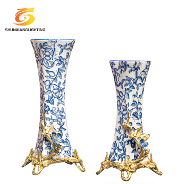 Modern Hand-Painted Blue and White Ceramic Vase with Vintage Rustic Ornaments for Living Room