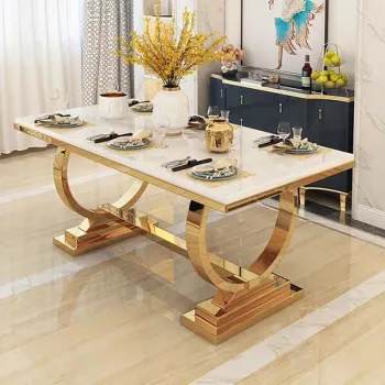 Long Rectangular White Marble Top Dining Table with Gold Stainless Steel Frame