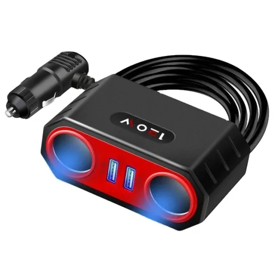12V 24V Dual USB Port Car Charger Power Adapter with 2-Way Cigarette Lighter Socket