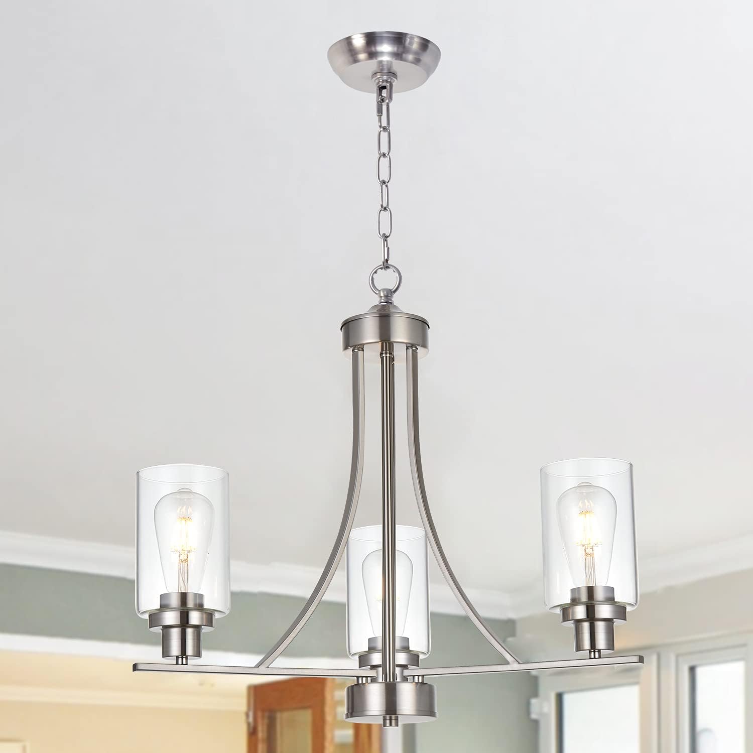 Contemporary Chandelier 3 Light Brushed Nickel Modern Lighting Fixtures Hanging Clear Glass Shades Pendant Light (9)