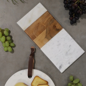Premium White Marble & Acacia Wood Reversible Rectangular Cheese Board - Housewarming & Wedding Gift