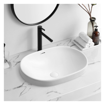 White Ceramic Semi-Recessed Art Wash Basin Sink - Round & Rectangular for Kitchen or Bathroom with Cabinet