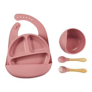 Customized 5-Piece Non-Slip Toddler Tableware Set: Silicone Cutlery, Plate, Spoon, Fork, Bowl & Bib for Baby Meals