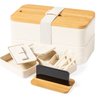 Bamboo Lid Bento Lunch Box with Utensil Set and Phone Holder