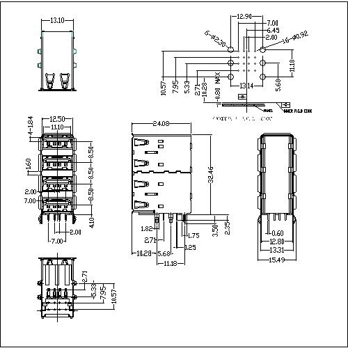 UAFR20 20-USB A Female Connector QUAD Port Right Angle Type 