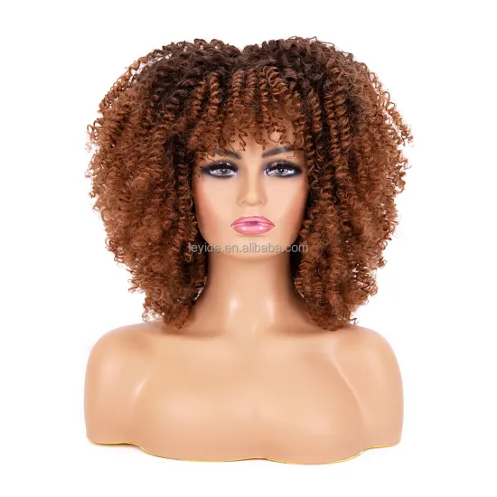 AliLeader Ombre Color Afro Kinky Curly Wigs With Bangs Short Hair Synthetic Wigs For Black Women High Quality Synthetic Hair Wig