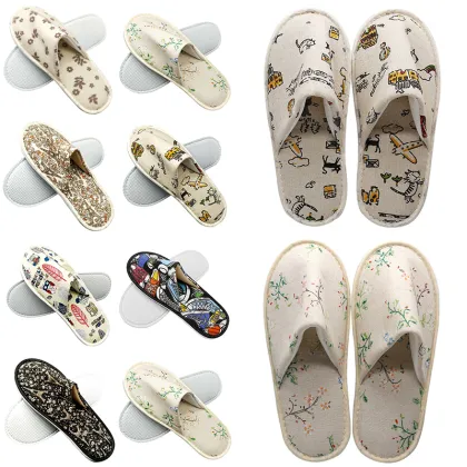 Hot Sale Slippers Women Men Fashion Printed Linen Autumn Winter Slippers Hotel Room Indoor Beauty Salon Slippers Owl Shoe Leaf