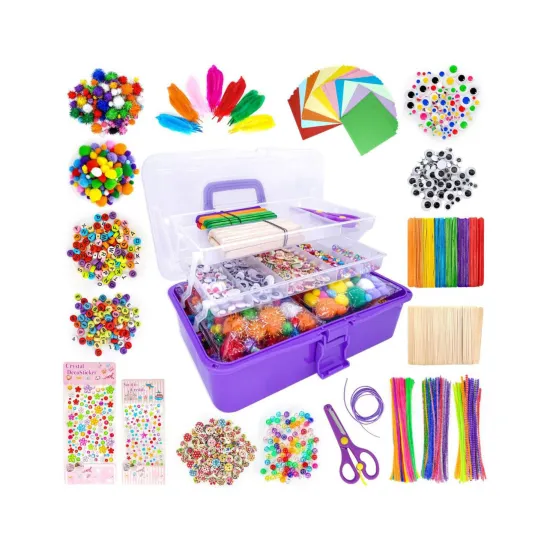 DIY Craft Art Supply Set for Toddlers: Includes Pipe Cleaners, Pom Poms, Feathers & Folding Storage Box - All in One Craft Accessory Kit
