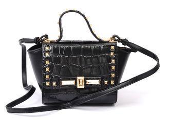 Black Crocodile Embossed Leather Bag / Calf Leather Handbag