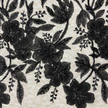 Black Inflorescence Nylon Mesh Sequin Embroidery Fabric