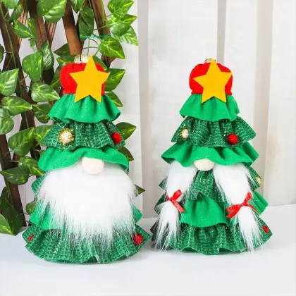 Christmas Skirt Tree: Unique Decorations Featuring a Green Tree, Faceless Old Man, Stars, and a Doll