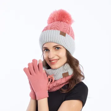 Two-Tone Jacquard Knitted Beanie with Faux Fur Pom-pom - Wholesale